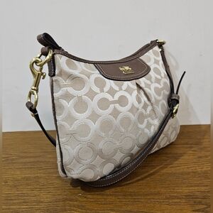 Like New! Coach Signature Sateen/Leather beige brown Crossbody Bag